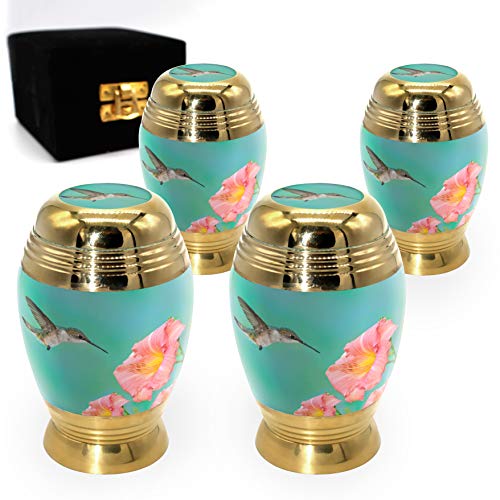 Hummingbird Keepsake Urns for Human Ashes with Velvet Gift Box for Cremation Keepsakes for Ashes - Small Cremation Urn and Small Keepsake Urn Set of 4 - color: Hummingbird