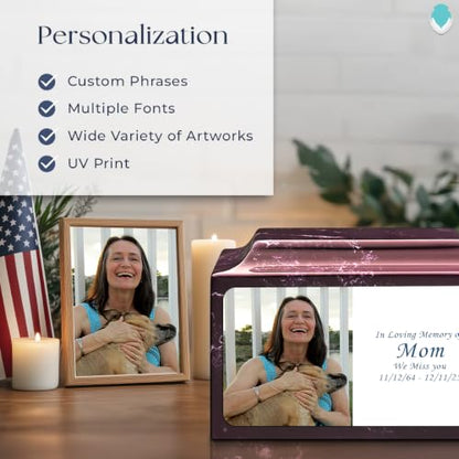 GetUrns Cultured Marble Urn Vault by Mackenzie with Personalized Picture and Text for Human Ashes I Merlot Adult Urns for Male and Female I 210lbs - color: Merlot