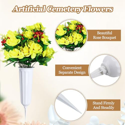 Tigeen 4 Sets Artificial Cemetery Flowers with Vase for Grave,White, Yellow - color: White, Yellow