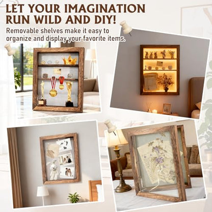 Shadow Box 14x11 Brown Picture Frames Display Cases with LED Light,Memory Keepsakes Boxes with 4 Removable Trinket Shelf,for Anniversary Wedding Baby Graduates Memorial Collect Deep Brown - color: Brown