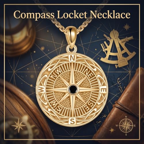 ONEFINITY Locket Necklace That Holds Picture Locket Memorial Pendant Jewelry Keepsake Gift for Men Women - color: gold-Compass