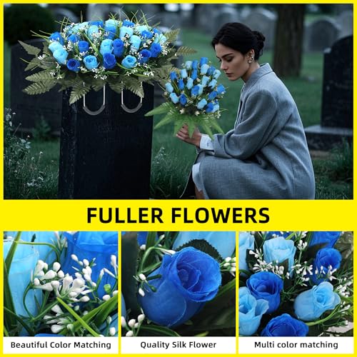 Artificial Cemetery Flower Headstone Flower Saddle Grave Rose Flowers for Cemetery Non-Bleed Colors Windpoof (Blue) - color: Blue
