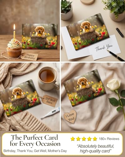 Golden Retriever Puppy All Occasions Greeting Card - Dog with Flowers from Unique Dogs Party Delights Collection - Large 5x7 Inch - Blank Inside with White Envelope - color: Golden Retriever Puppy with Yellow Flowers