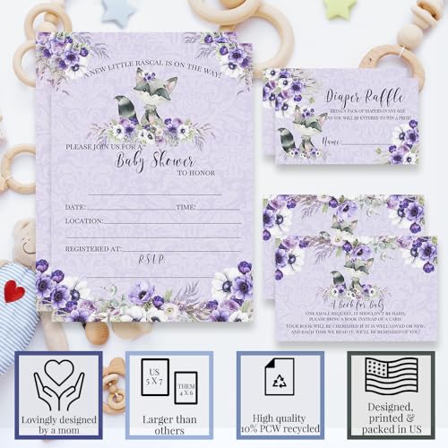 Baby Shower Invites for Girls – Raccoon Girl Baby Shower Invitation Bundle with Diaper Raffle Tickets, Book Request Cards & Envelopes. Set of 20 5X7 Watercolor Floral Invitation Kit Sets - style: Raccoon