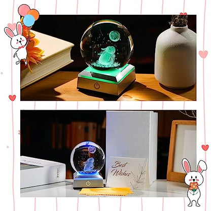 3.15'' Crystal Ball Engraved 3D Rabbit and Moon Stars, Colorful LED Base - color: Rabbit