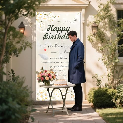 Happy Birthday in Heaven Door Banner Remembrance Memorial Decorations Funeral Memorial Door Banner Heavenly Birthday Remembrance Sign for Cemetery 70.8 * 35.4 inch White