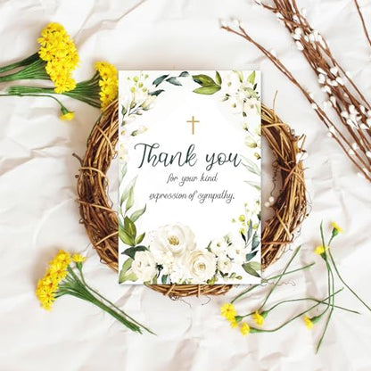 JarThenaAMCS 100 Pack Funeral Thank Your Cards with Envelope Sticker Watercolor White Floral Sympathy Flower Cross Bereavement Card with Message for Memorial Service Loves Ones Celebration of Life