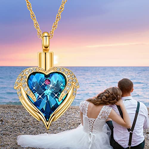 shajwo Angel Wing Heart Urn Necklace for Ashes - color: Gold-Blue