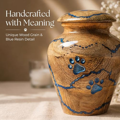 Wooden Pet Small Keepsake Cremation Urn for Ashes, Handcrafted Wooden Keepsake Urn with Blue Resin Design, | Memorial Jar for Human or Pet Ashes - size: Small