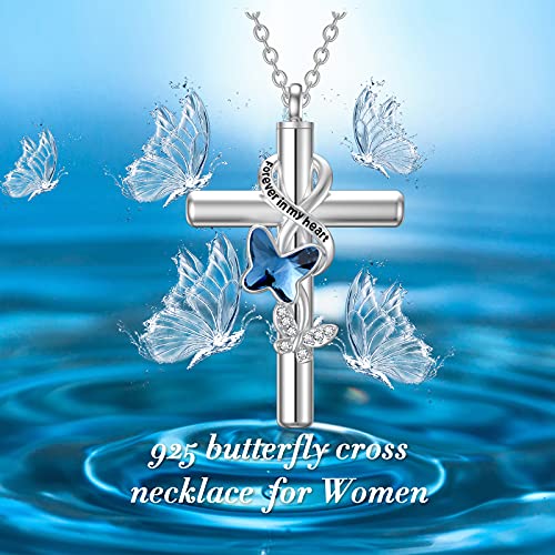 Cross Urn Necklace for Ashes 925 Sterling Silver Cremation Jewelry with Funnel Filler Kit Ashes Necklace for Human Women Girl Pets - color: A_Blue Butterfly Urn Necklace, style: Non-personalized