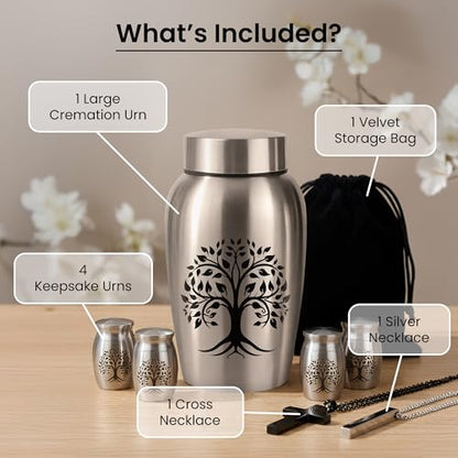 Stainless Steel Silver Urn for Ashes Male & Female, Cremation urns for Human Ashes Man & Women, Set of 7 Includes 1 Large Urn, 4 Keepsakes & 1 Silver & Black Cross Necklace- Tree of Life - color: Stainless Steel Tree of Life Urn - Strandard Set