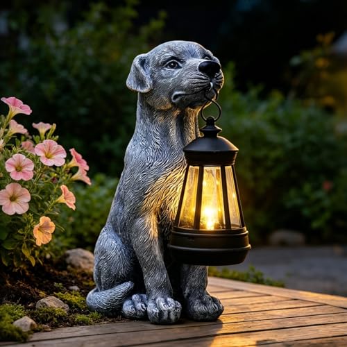 Goodeco Dog Statue with Solar Lantern - Cute Garden Dog Figurines | Weather-resistant resin for patio, yard & pathway, great gift for dog lovers, mom, grandma & pet memorial - color: Gray