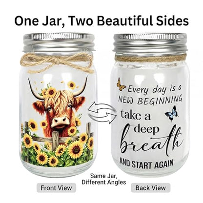 Highland Cow Inspirational Gifts for Women - Double-Sided Decorative Mason Jar Light, New Beginning Self Care Motivational Sunflower Decor Gift for Friends Daughter Sister Coworker - style: Highland Cow Gifts