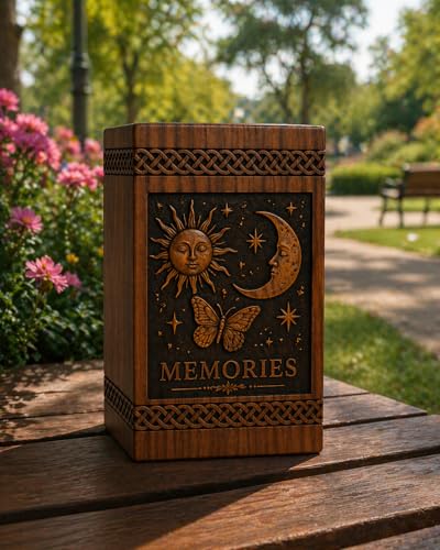 Wooden Keepsake Box Urn for Ashes Memorial Box, Handmade Memory Chest, Celestial Sun Moon Butterfly Engraved Urn[Available urn Box in 5 Different Sizes] ((Full Size 14X7.5 600 Cubic INCHES))