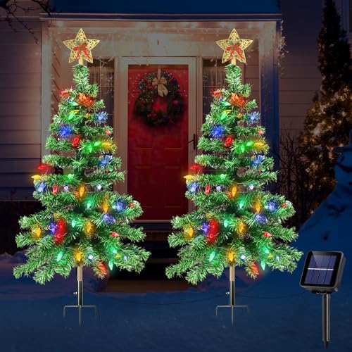 Solar Christmas Trees Lights Outdoor, Solar Powered Xmas Tree Stake Outside | Waterproof 3.6FT with 100 LEDs and 8 Modes for Yard Pathway Garden Grave Cemetery Decorations (2 in 1)