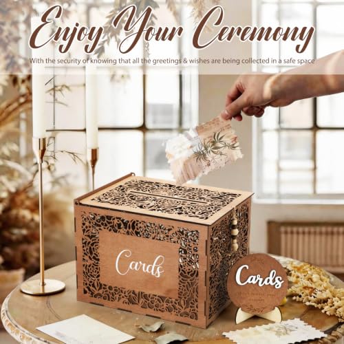 Wedding Card Box with Sign Boho Rustic Wood Gift Card Box Vintage Money Cards Holder for Wedding Baby Shower(Flower,Brown,11.4 x 9 x 8.5 Inches) - style: Flower