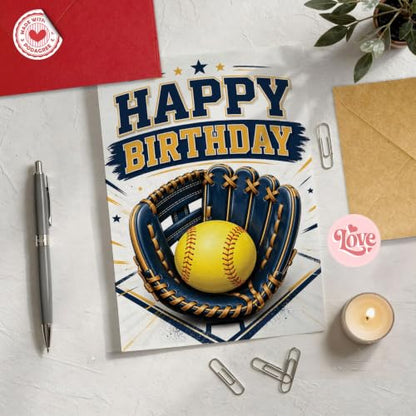 Softball Birthday Card, Blue Glove Yellow Ball Greeting Gift | Softball Birthday Card For Softball Player, Softball Fan, Sports Lover, Coach, Team Party Gift Card, Glove Ball Greeting Card - color: sport1