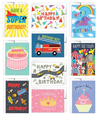 Tiny Expressions Kids Birthday Cards with Envelopes,10-Pack | Each Card Includes an Inside Message, Featuring 10 Unique Gender-Neutral Designs, Durable Cardstock