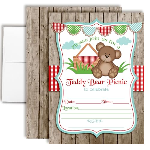 Teddy Bear Picnic Birthday Party Invitations, 20 5x7 Fill In Cards with Twenty White Envelopes by AmandaCreation - style: Teddy Bear Picnic