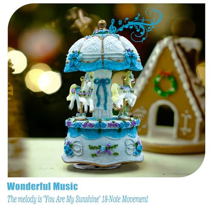 Carousel Music Box,Luxury Color Change LED Light ,Luminous Rotating 3-horse | Luminous Music Box, musical box with Gift Box for Girls Birthday Valentine Gift (You are My Sunshine, Blue) - color: Blue, style: You are My Sunshine