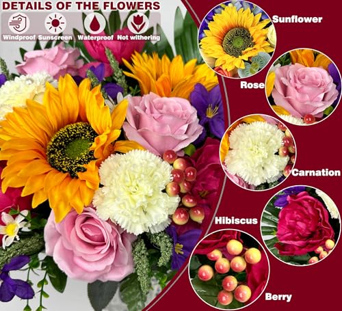 Artificial Cemetery Flowers for Grave Vase - Gravesite Flowers,Headstone Decorations with Sunflower Rose Hibiscus Daisy Mix Bouquet