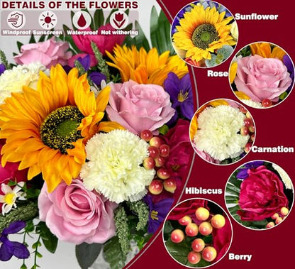 Artificial Cemetery Flowers for Grave Vase - Gravesite Flowers,Headstone Decorations with Sunflower Rose Hibiscus Daisy Mix Bouquet