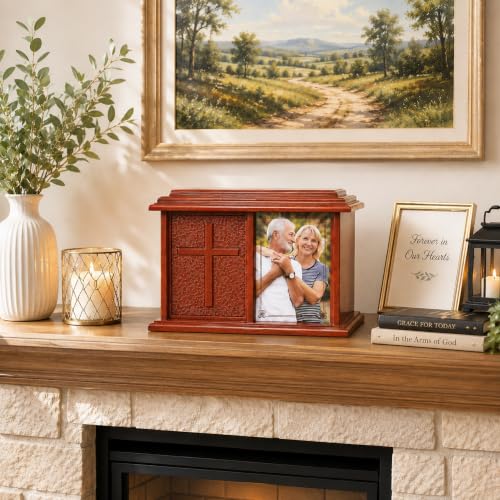 Double Companion Urn for 2 Adults Holds Up to 400 Cubic Inches Wooden Cremation Urn for Human Ashes with 4 x 6 Photo Frame Carved Cross Memorial Urn for Husband Wife Parents