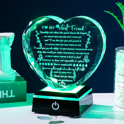 YWHL Birthday Gifts for Best Friend with Colorful LED Base Heart Crystal Friendship Gifts for Women Meaningful Bestie Gifts Mothers Day BFF Gift Idea for Her Female Friend - style: Best Friend Gifts+LED Style 1