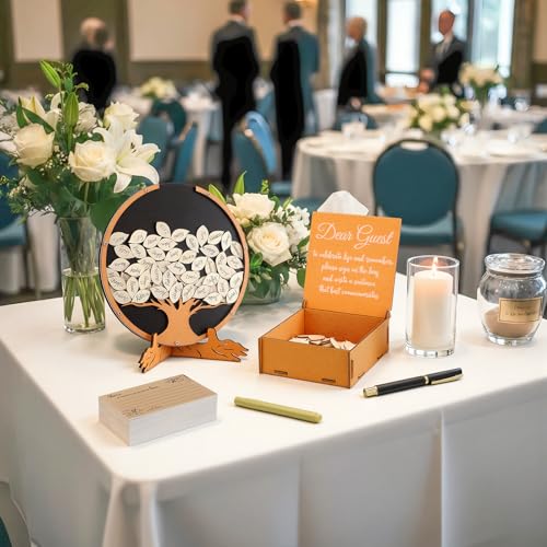Engrowtic 164 Pcs Celebration of Life Guest Book for Memorial Service Share a Memory Cards Wooden Box Funeral Memory Pen Leaves for Funeral Guest Book Table Decor Sign(Tree of Life) - style: Tree of Life