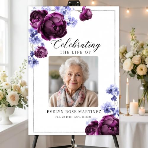 Custom Floral Celebration of Life Welcome Sign with Photo Memorial Funeral | Personalized Minimalist In Loving Memory yard sign. Weather-resistant corrugated plastic decor. Add custom photo, name, dates - color: Sign16