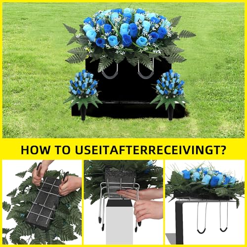 Artificial Cemetery Flower Headstone Flower Saddle Grave Rose Flowers for Cemetery Non-Bleed Colors Windpoof (Blue) - color: Blue