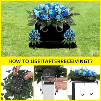 Artificial Cemetery Flower Headstone Flower Saddle Grave Rose Flowers for Cemetery Non-Bleed Colors Windpoof (Blue) - color: Blue