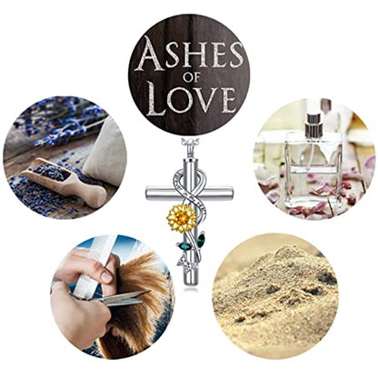 Cross Urn Necklace for Ashes 925 Sterling Silver Cremation Jewelry with Funnel Filler Kit Ashes Necklace for Human Women Girl Pets - color: B_Sunflower Urn Necklace, style: Personalized