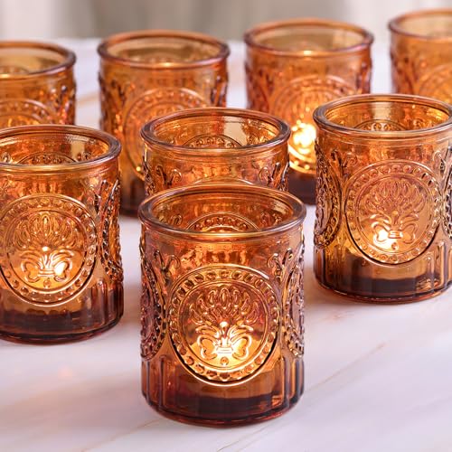 Votive Candle Holders 12 Pack, Amber Glass Tea Lights Candle Holder | Thickened Glass, 2.1"x2.6"(WxH), Reusable Durable, Vintage Candle Holders Bulk for Table Centerpieces, Fall, Christmas Decor - color: Amber