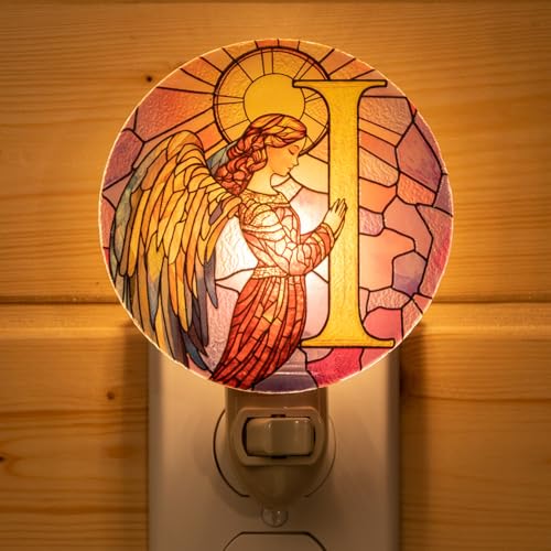 Angel Monogram Night Light – Stained Glass Styled Plug-in Wall Lamp, Victorian Inspired Letter I Design with Manual Switch & Bulb Included – Bedroom, Hallway, Nursery Gift NLA-C012 - color: I
