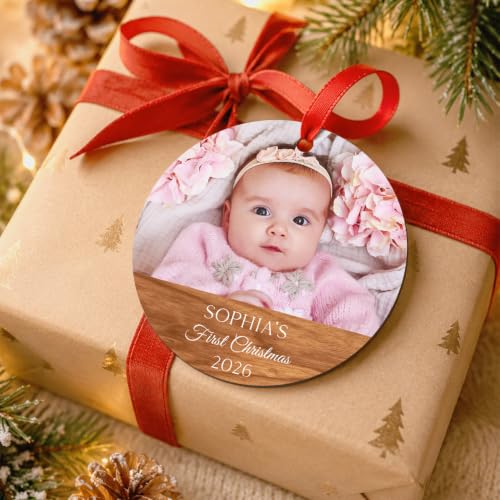Personalized Baby First Christmas Ornaments Boy and Girl, Custom Photo and Name 2025 Christmas Tree Ornament, Velvet Pouch Included, 3.75" ACM Ornament, Made in The USA - color: Baby Wood