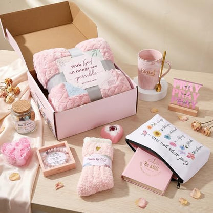 Christian Gifts for Women Faith, Religious Inspirational Catholic Encouragement Gift Sets, Unique Spiritual Christmas Birthday Gift Basket for Her Mom Grandma Sister Aunt Teacher Friend Wife w/Blanket - color: Pink