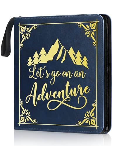 Adventure Leather Photo Album 4x6 200 Photos, DIY Scrapbook with 50 Sheets and 20 Blank Kraft Sheets, Travel Souvenir Diary Photo Book for Family Wedding Baby and Holiday Pictures - color: Blue-text