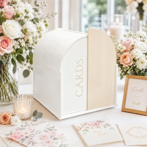 White Arched Wedding Card Box with Light Beige Standee & Erasable Pen | Acrylic Wedding Card Boxes for Reception, Wide Slot, Wedding Box for Cards and Money, for Birthday Graduation Baby Shower - color: Light Beige