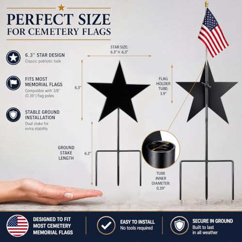 16 Inch Star American Veteran Grave Marker, American Flag Holder | Memorial Stake for Veterans Military, Outdoor Graveside Display, Honoring Loved Ones at Burial Sites, Durable Metal - style: Star
