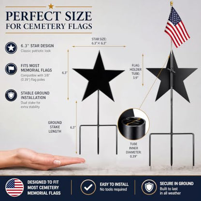 16 Inch Star American Veteran Grave Marker, American Flag Holder | Memorial Stake for Veterans Military, Outdoor Graveside Display, Honoring Loved Ones at Burial Sites, Durable Metal - style: Star