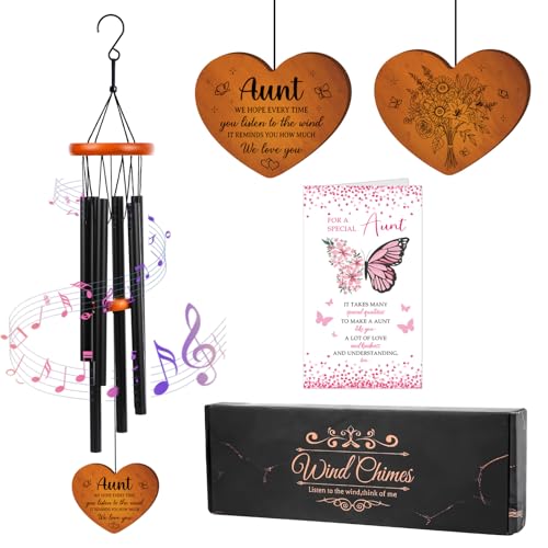 Aunt Gifts Wind Chimes for Outside - Metal Windchime with Wooden Pendant, Greeting Card & Black Box - Unique Birthday for Auntie from Niece Nephew, Garden Hanging Decor - color: Aunt Gifts Wind Chimes