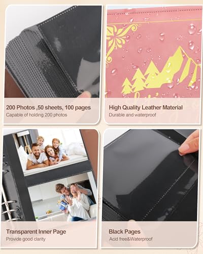 Leather Photo Album 4x6 200 Photos,Slip-in Photo Album Book with 50 Sheets, Travel Souvenir Diary Photo Book for Family Wedding Baby and Holiday Pictures - color: Pink