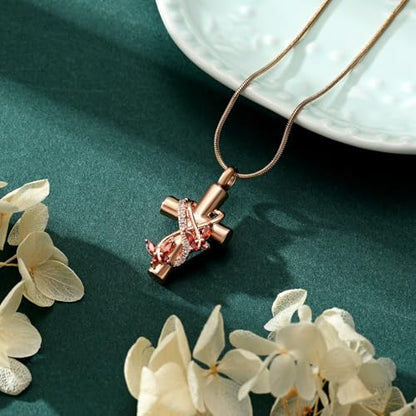 Butterfly Cross Cremation Jewelry Urn Necklaces Stainless Steel Cross Urn Necklaces for Ashes Memorial Keepsake Pendant for Women Gifts With Funnel Kit & Bag - color: Rose+Red