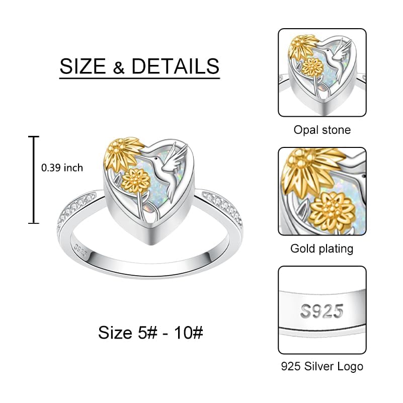 Hummingbird Cremation Urn Rings Holds Loved Ones Ashes 925 Sterling Silver Cremation Keepsake Ring Jewelry for Women