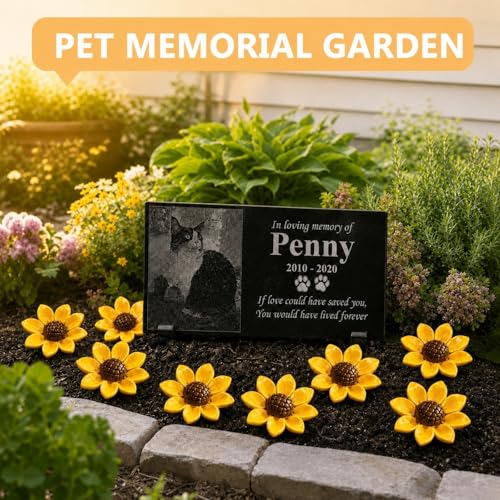 Yellow Glazed Ceramic Sunflowers for Pet Memorial Sympathy, Weatherproof Flowers with Metal Stems for Dog Cat Grave, Garden, Cemetery Decor, Eternal Remembrance Tribute, 8 Pcs, Vase Not Included