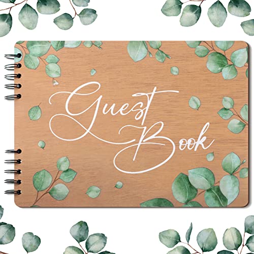 Rustic Wooden Greenery Wedding Guest Book 120 Page Lined 11.4 x 8.3" Eucalyptus Boho Wedding Registry Sign in Book for Bridal Shower Reception Graduation Baby Shower Birthday Party Funeral Anniversary
