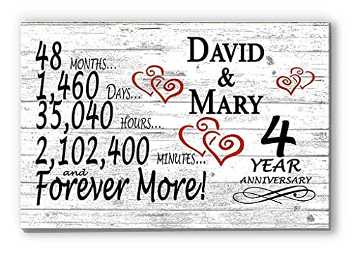 Personalized 4 Year Anniversary Sign Gift 4th Wedding Anniversary Present For Couple Days Minutes Years - Solid Wood - 16.5in x 10.5in x .75in (04 Year) - color: 04 Year