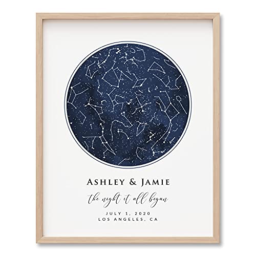 BlissfulMelodyDesign Custom Star Sky Map Print, Navy Watercolor Texture Zodiac Constellation, Wedding Anniversary Birthday Newborn Gift, Wall Art Prints (One Circle) - style: One Circle