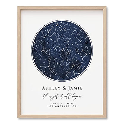 BlissfulMelodyDesign Custom Star Sky Map Print, Navy Watercolor Texture Zodiac Constellation, Wedding Anniversary Birthday Newborn Gift, Wall Art Prints (One Circle) - style: One Circle